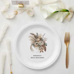 Assiettes En Carton Fleurs Élégantes Feuillage et plumes Anniversaire