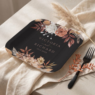 Assiettes En Carton Fleurs en terre cuite Boho Feuillage d'automne noi