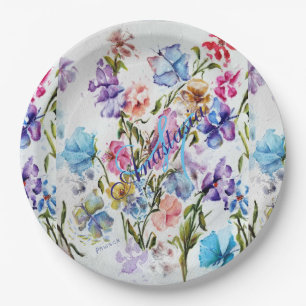 ASSIETTES EN CARTON FLEURS ET BUTTERFLIES BLANCHES MONOGRAM PARTY