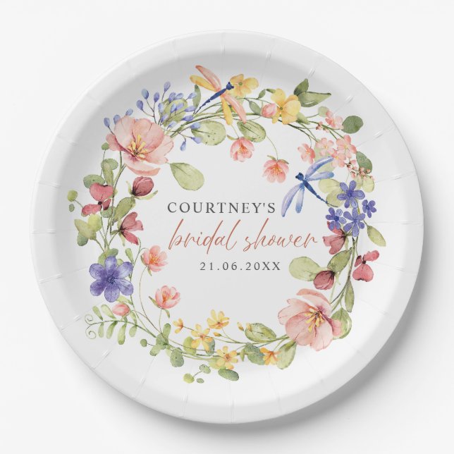Assiettes En Carton Fleurs et libellules Fête des mariées romantique (Devant)