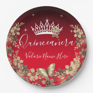 Assiettes En Carton Fleurs et papillon Quinceanera Or rouge
