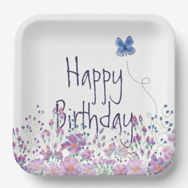 Assiettes En Carton Fleurs et papillons fête d'anniversaire (Recto)