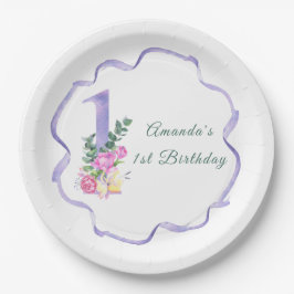 Assiettes En Carton Fleurs et ruban Fête du premier anniversaire