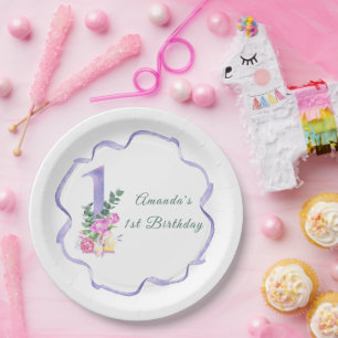 Assiettes En Carton Fleurs et ruban Première fête d'anniversaire