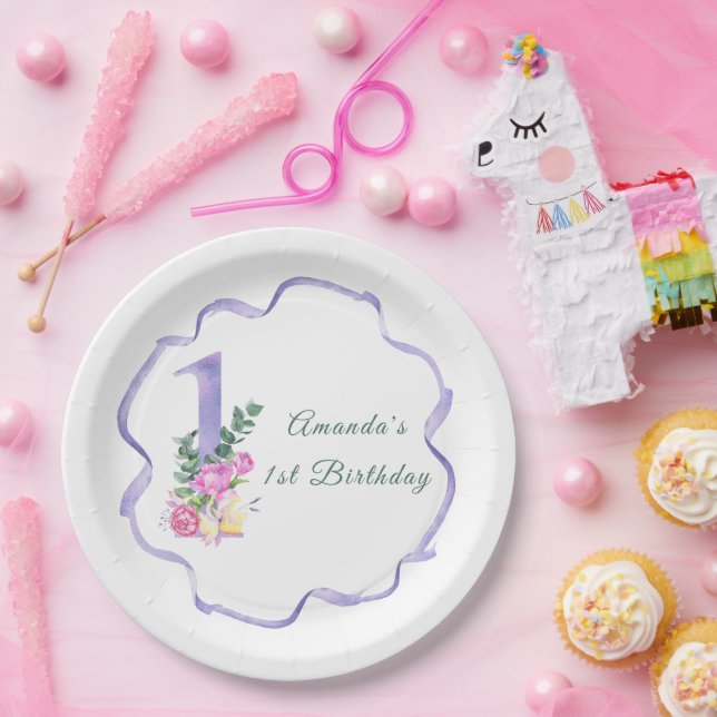 Assiettes En Carton Fleurs et ruban Première fête d'anniversaire (Fête)