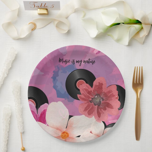 Assiettes En Carton Fleurs et vinyle (Mariage)