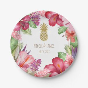 Assiettes En Carton Fleurs Exotiques Tropicales & Ananas Doré Élégant