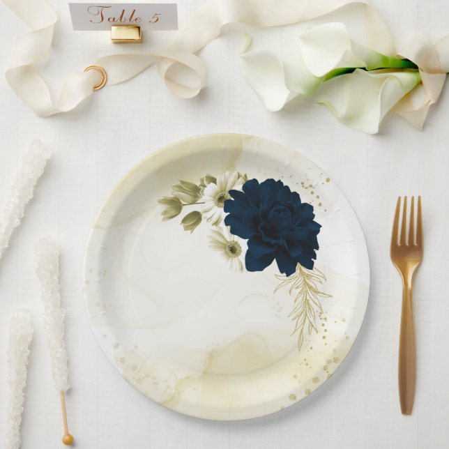 Assiettes En Carton fleurs Extraordinaires en ivoire bleu marine (Mariage)