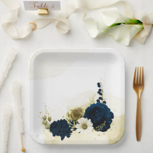 Assiettes En Carton fleurs Extraordinaires en ivoire bleu marine