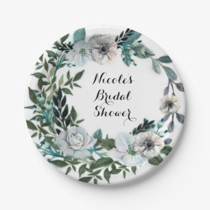 Assiettes En Carton Fleurs florales blanches Verdure botanique Wreath