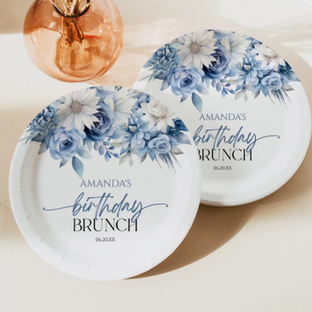 Assiettes En Carton Fleurs florales bleu Dusty Anniversaire Brunch Par (Créateur téléchargé)