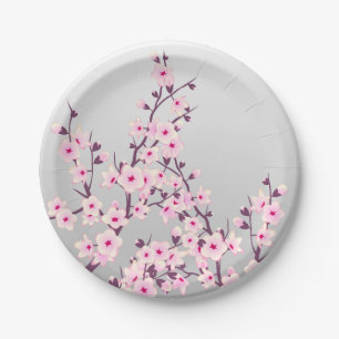 Assiettes En Carton Fleurs florales de cerises gris rose