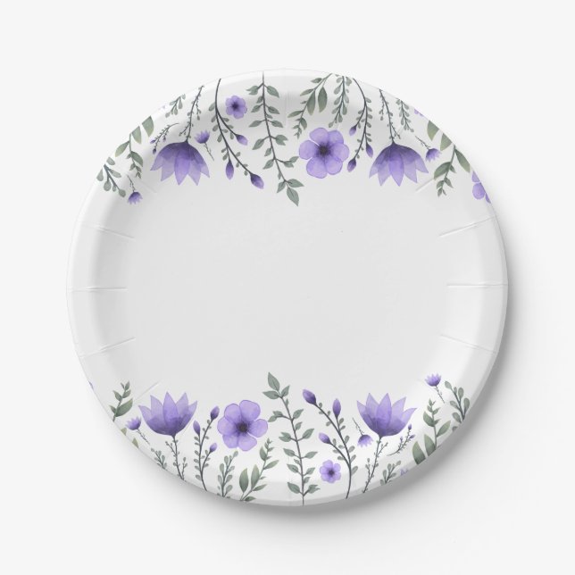 Assiettes En Carton Fleurs florales violettes Soirée de mariage (Devant)