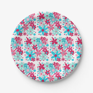Assiettes En Carton Fleurs funky bleu et rose