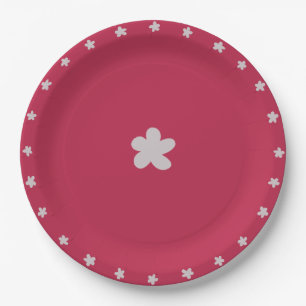 Assiettes En Carton Fleurs griffées gris-blanc sur rouge foncé