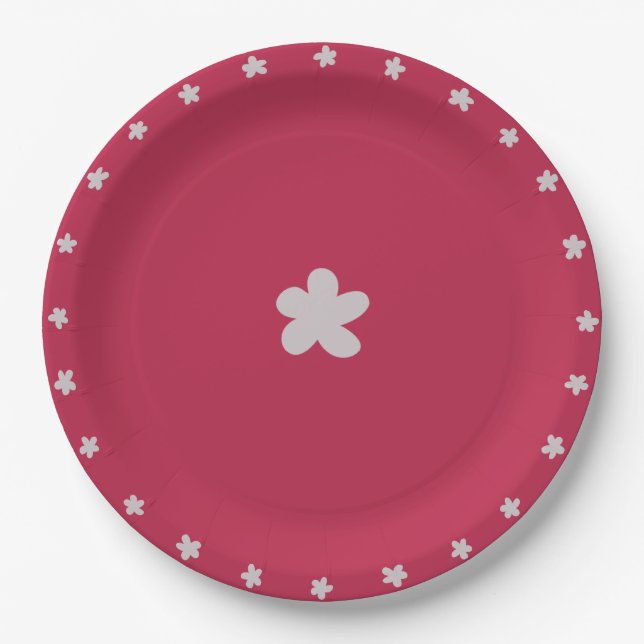 Assiettes En Carton Fleurs griffées gris-blanc sur rouge foncé (Devant)