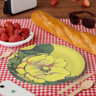 Assiettes En Carton FLEURS JAPONAISES JAUNE EN Plaque Papier