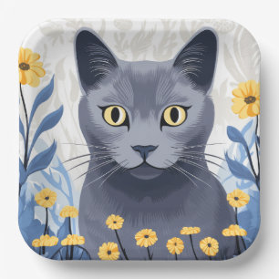 Assiettes En Carton Fleurs Jaunes Chat Bleu Russe