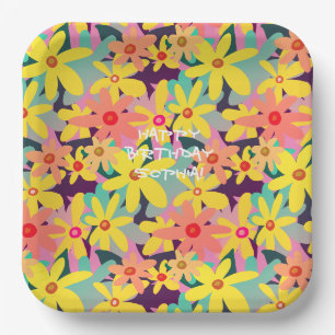 Assiettes En Carton Fleurs jaunes, roses et oranges