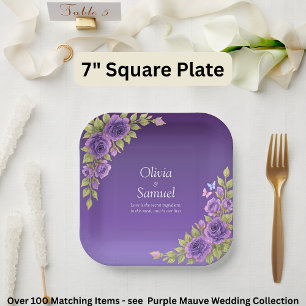 Assiettes En Carton Fleurs mauves violettes et Mariage blanc 7" Carré