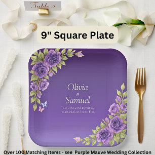 Assiettes En Carton Fleurs mauves violettes et Mariage blanc Carré 9 p