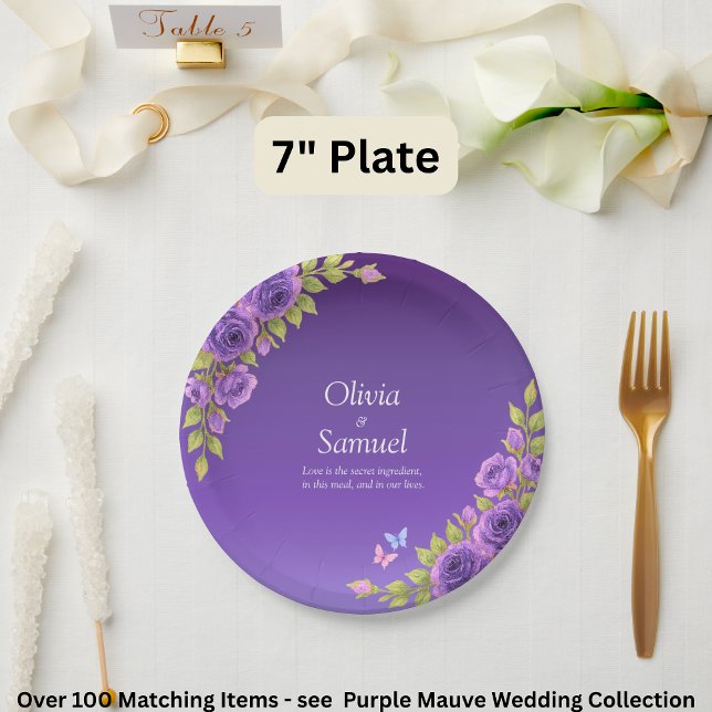 Assiettes En Carton Fleurs mauves violettes & Suite Mariage blanc 7" (Créateur téléchargé)