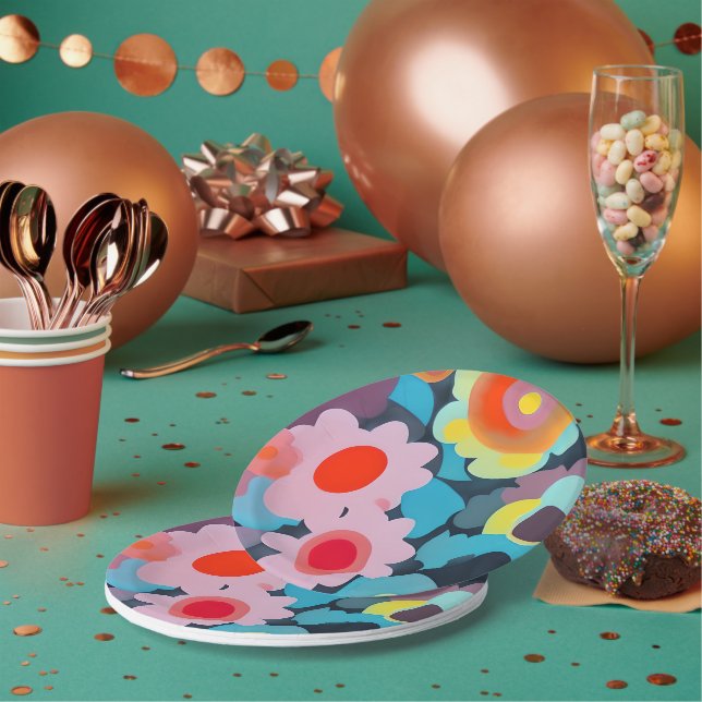 Assiettes En Carton Fleurs mod rétro (Multi)