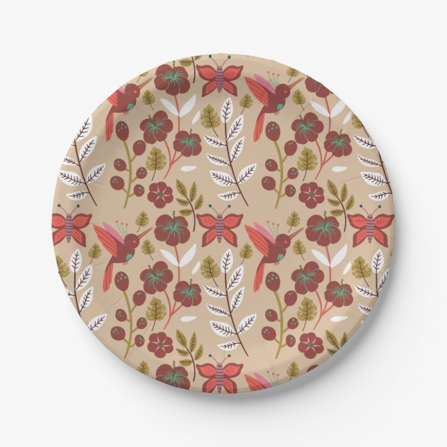 Assiettes En Carton Fleurs motifs florales sans soudure, oiseaux, papi (Devant)