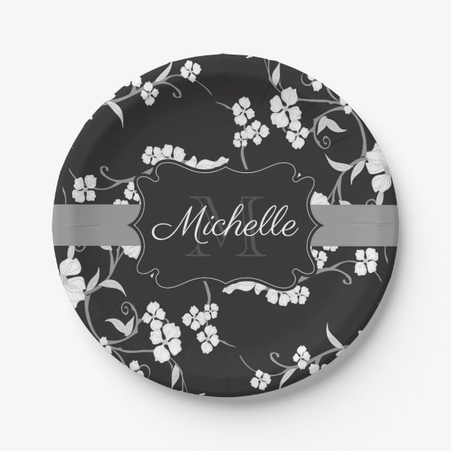 Assiettes En Carton Fleurs noir et blanc (Devant)