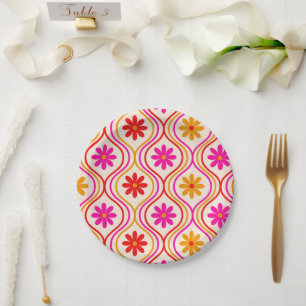 Assiettes En Carton Fleurs orange rose rouge rétro sur Motif d'oignon