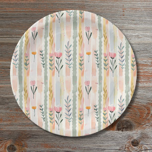 Assiettes En Carton Fleurs rayées pastel aquarelle vintage