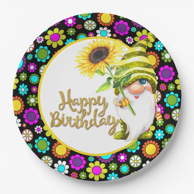 Assiettes En Carton Fleurs Rétro Anniversaire Gnome (Devant)