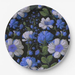 Assiettes En Carton Fleurs rétro élégantes argentées bleu blanc