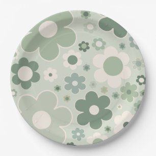 Assiettes En Carton Fleurs rétro Sage Vert Abstrait Floral