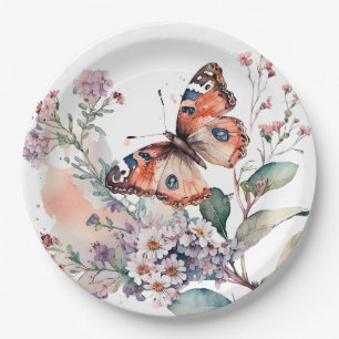 Assiettes En Carton Fleurs romantiques et papillon orange