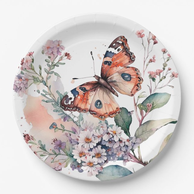 Assiettes En Carton Fleurs romantiques et papillon orange (Devant)