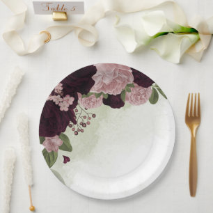 Assiettes En Carton fleurs rose et cabernet verdure
