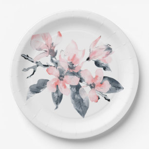 Assiettes En Carton Fleurs rose et gris Aquarelle classique