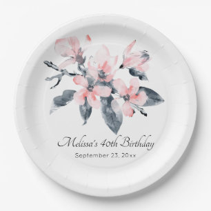 Assiettes En Carton Fleurs rose et gris Aquarelle classique Anniversai