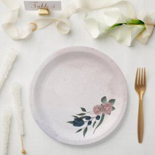 Assiettes En Carton fleurs rose et marine botanique