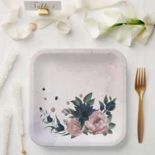 Assiettes En Carton fleurs rose et marine botanique