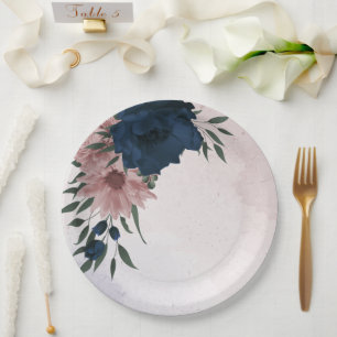 Assiettes En Carton fleurs rose et marine botanique