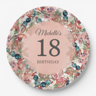 Assiettes En Carton Fleurs rose et sarcelle 18ème anniversaire