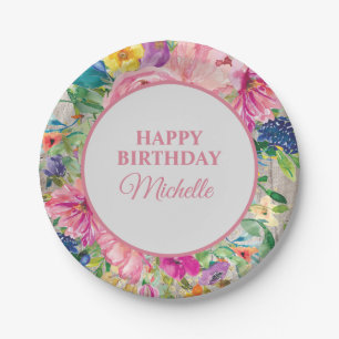 Assiettes En Carton Fleurs rose jaune bleu Rustique Bois Anniversaire