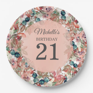 Assiettes En Carton Fleurs rose sarcelle 21e anniversaire