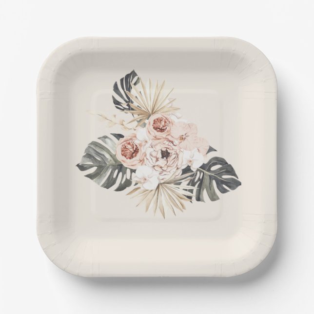 Assiettes En Carton Fleurs roses Boho Anniversaire (Recto)