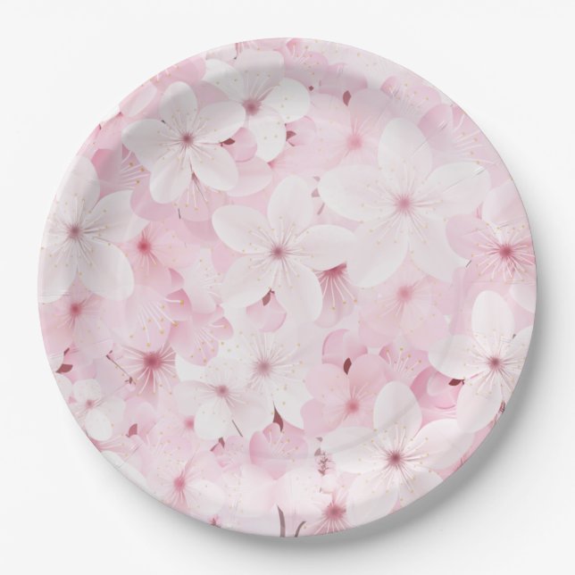 Assiettes En Carton Fleurs roses de cerisiers (Devant)