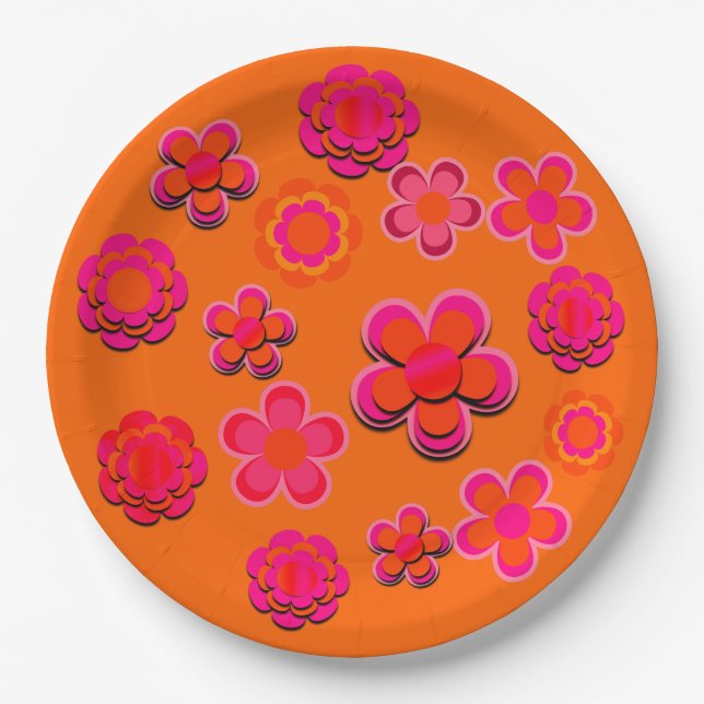 Assiettes En Carton Fleurs roses et orange chaudes (Devant)