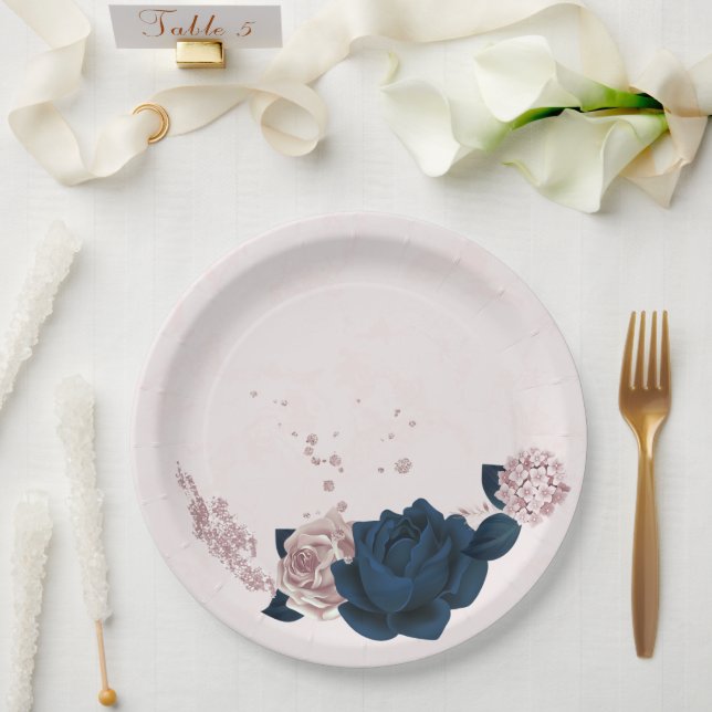 Assiettes En Carton fleurs roses navales et poussiéreuses (Mariage)