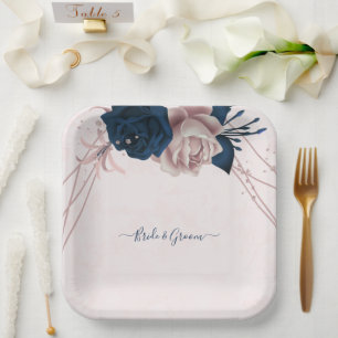 Assiettes En Carton fleurs roses navales et poussiéreuses rose